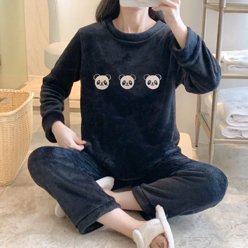 Thickened Warm Sleepwear for Winter Women Pajamas Flannel Cartoon Panda O-Neck Coral Velvetplus Winter Pajamas Ladies Offer Xl