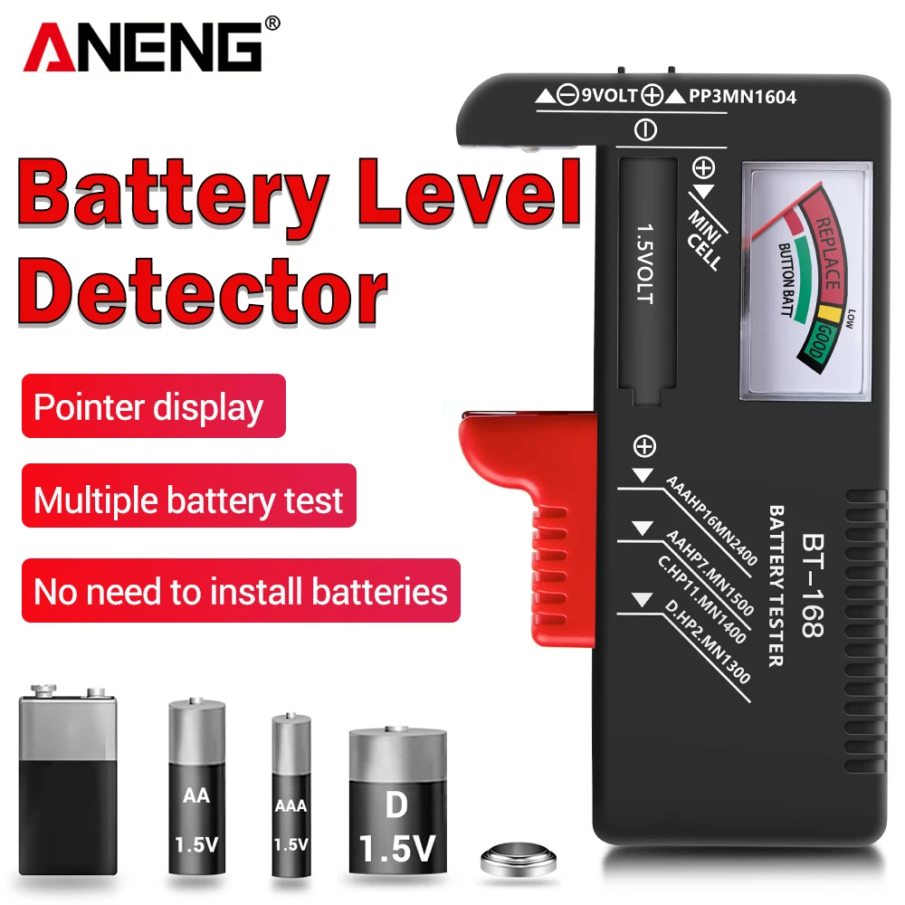 

ANENG BT168 Battery Container Pointer Tester AA/AAA/C/D/9V/1.5V Universal Button Cell Batteries Tester Meter Indicate Checker