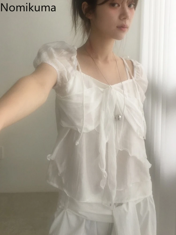 

Korean Blouse Women's Clothing 2025 Blusas Mujer De Moda Bandage Short Sleeve Chiffon Shirts Ruffles Summer Blouses Ladies Tops