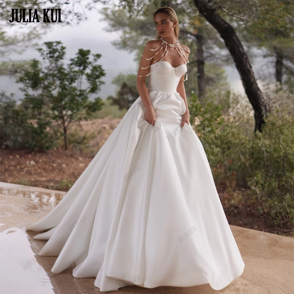 جوليا كوي مخصص الديكور اللؤلؤ الأشرطة الكرة ثوب فساتين الزفاف قبالة الكتف الحبيب الدانتيل يصل فساتين العروس الساتان الفاخرة #1