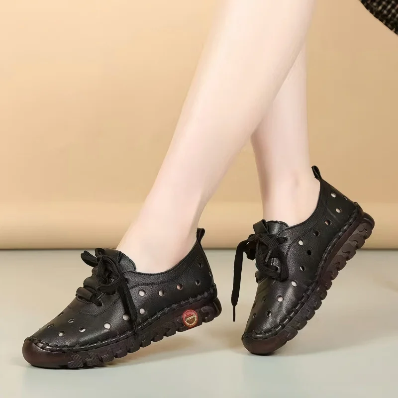 

Women Casual Shoes Summer Hollow Out Breathable Flats Lace Up Handmade Sewing Leather Loafers Soft Moccasins Ladies Shoes 2026