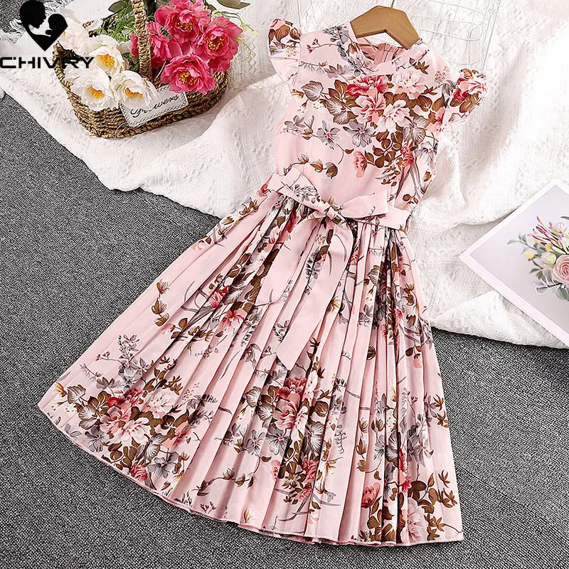 Summer Beach Dress New 2023 Girls Fashion Flying Sleeve Flower Floral Print Round Neck A-line Princess Dresses Kids Vestidos