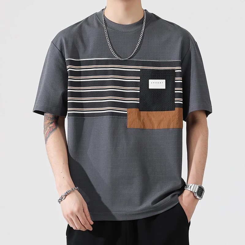 

Round neck short sleeved T-shirt for men's summer 2024 new fashion color contrast patchwork breathable loose casual top