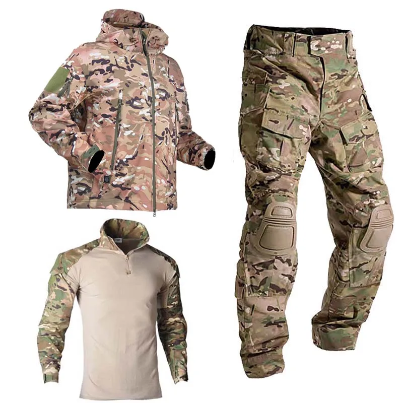 Camo Uniform Tactical Jackes+ Shirts+ Pants+ Knee Pads Hunting Clothes Combat Outfit Men Clothing Tatico Suits Airsoft