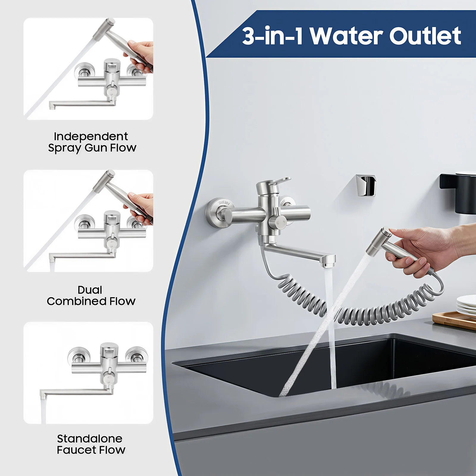 Rubinetto da parete in acciaio inossidabile 304 con pistola ad acqua, spruzzo laterale per cucina bagno, argento
