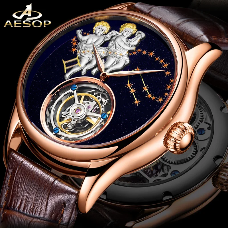 

AESOP Men Tourbillon Mechanical Watch Twelve Constellations Gemini Fashion Trend Waterproof Leisure Fashion Watch