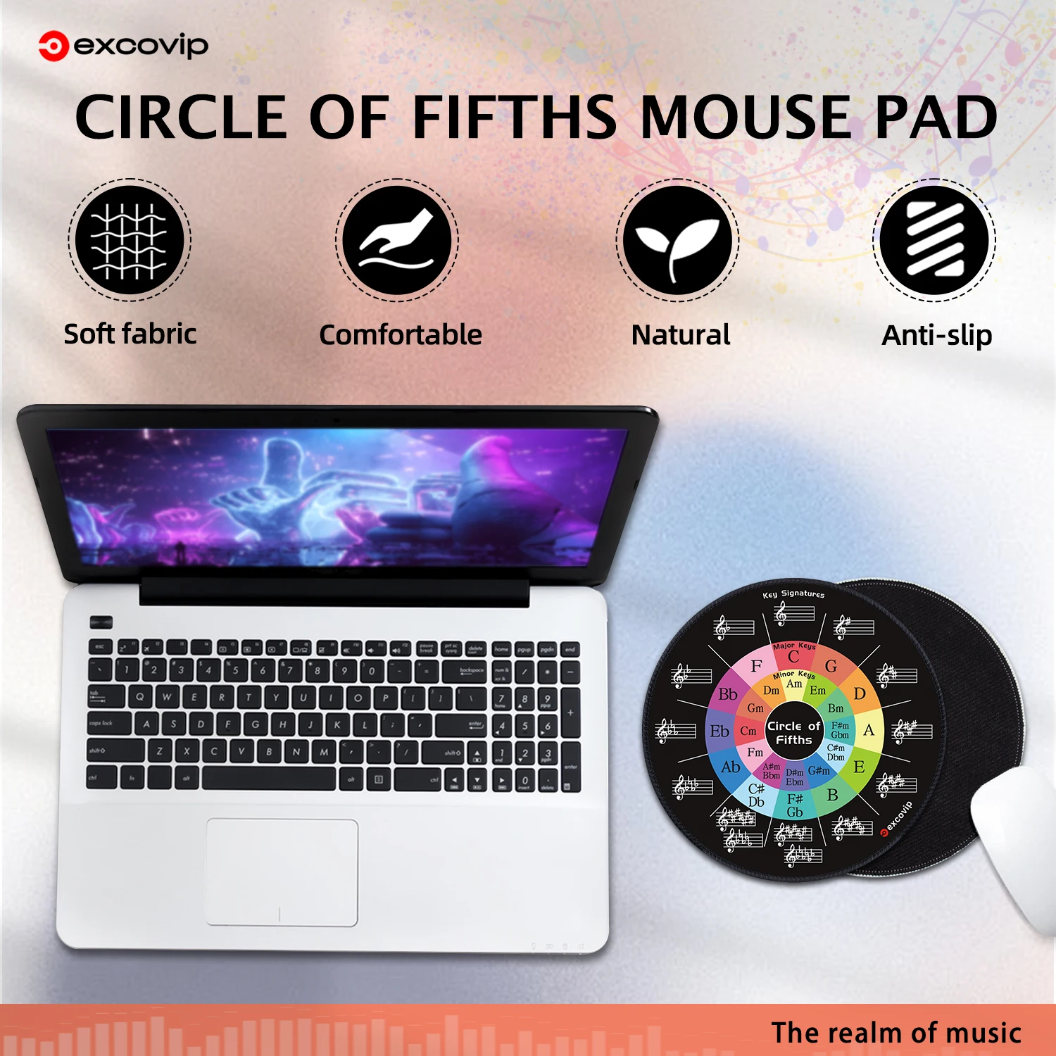 EXCO Music Theory Cheat Sheet Mouse Pad Round Small Circle of Fifths Shortcuts Mousepad for Piano Musician Stitched Edge Mat