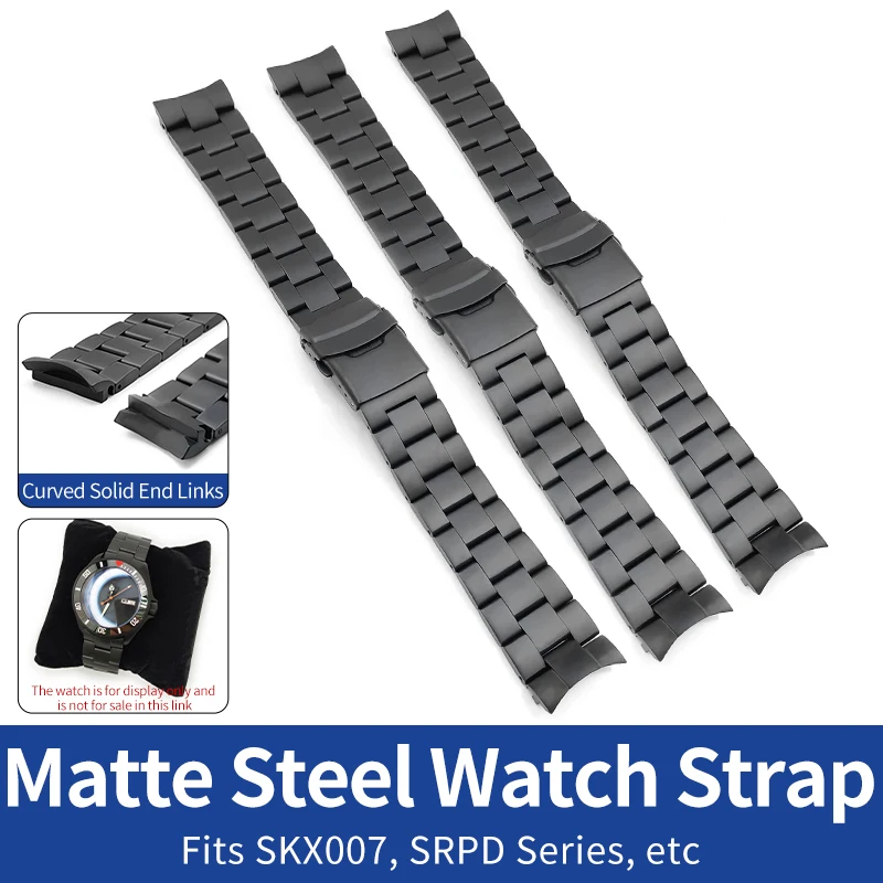 22mm Wide Black Watch Strap Matte Stainless Steel With Solid Curved End Links Watchband Mod Watches Accessories For SRPD SKX007