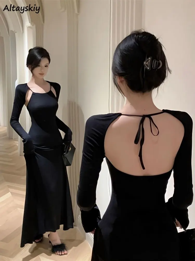 Maxi Black Dress Women Backless Design Slim Tender Vintage Long-sleeve Casual Spring Party French Style Fashion All-match Basic