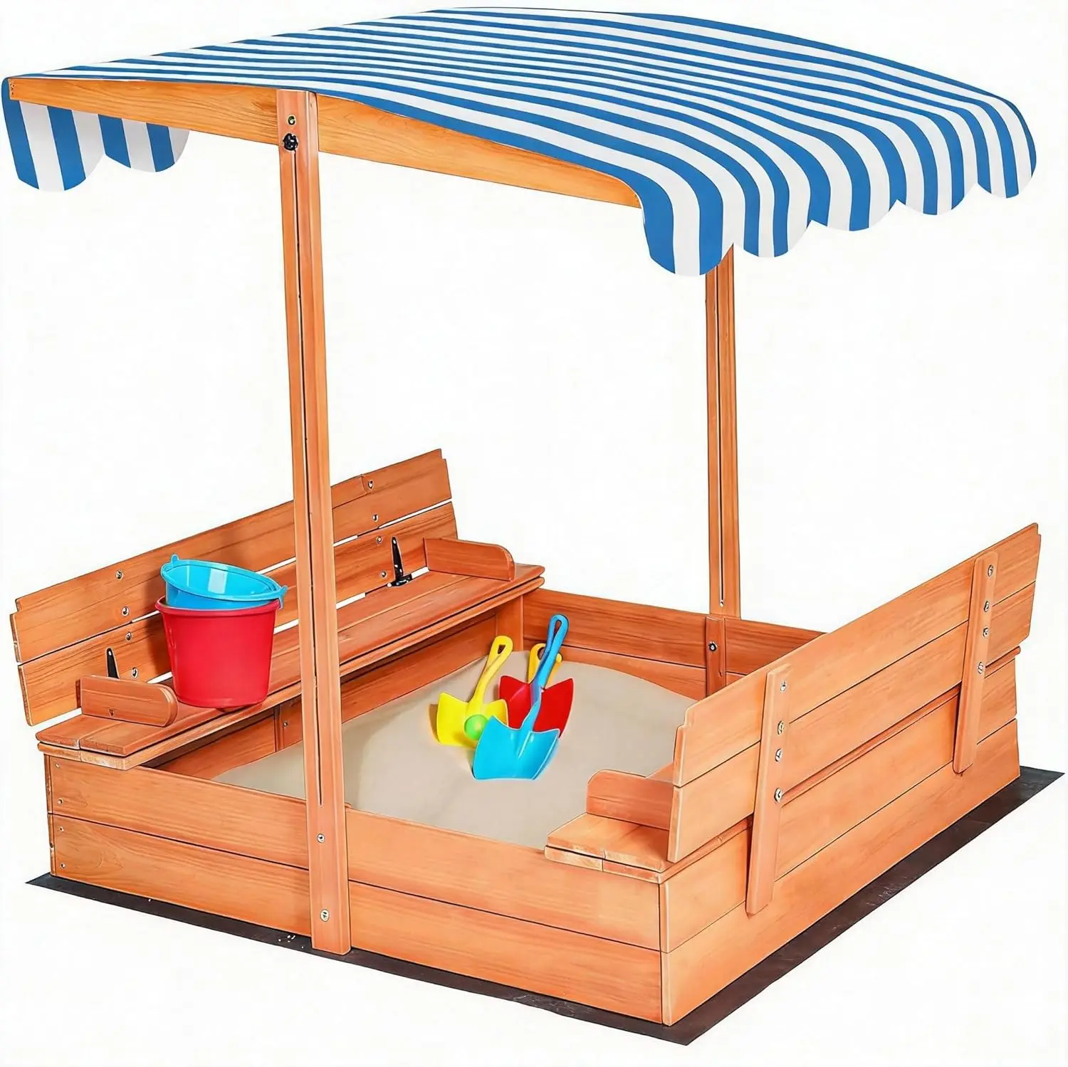 

Kids Wooden Sandbox with Cover, Foldable Bench Seats, Retractable Roof, Outdoor Playset, Large Sand Pit with Lid (Natural
