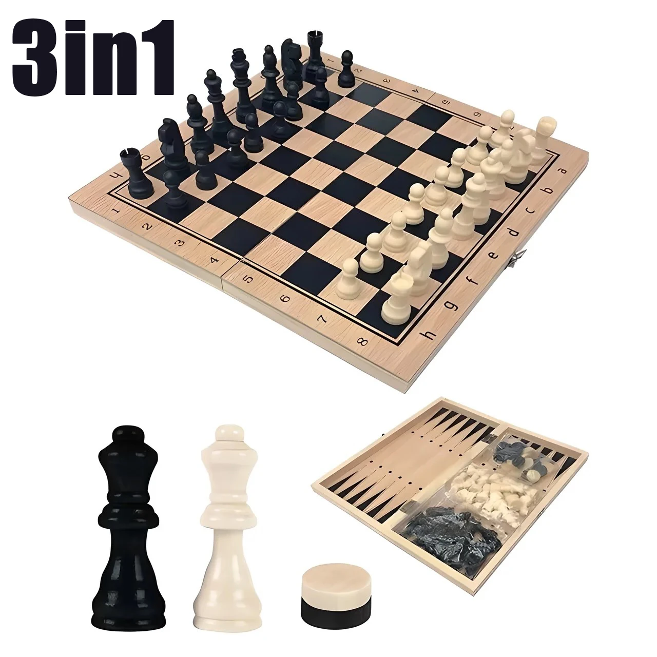 3 in 1 Chess Board Folding Wooden Portable Chess Game Board Wooden Chess Board for Adults(Chess + Checkers and Backgammon)