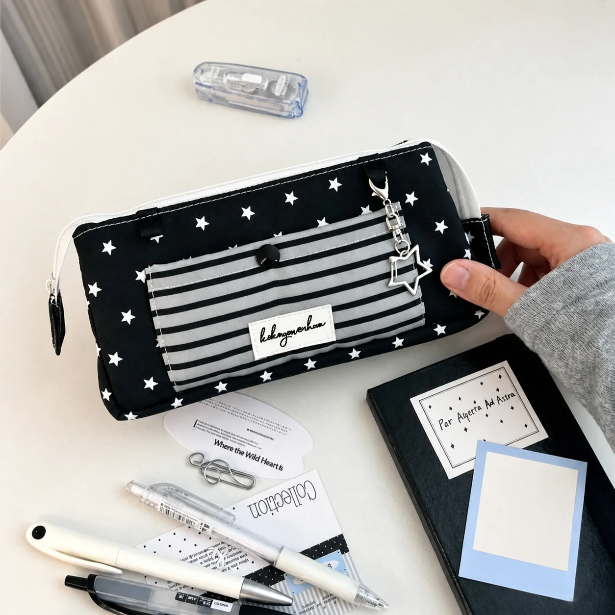 Star Stripe Pencil Bag Canvas Pencil Bag Stationery Pouch Minimalist Canvas Pencil Bag For Campus Study School Tiny Sundries