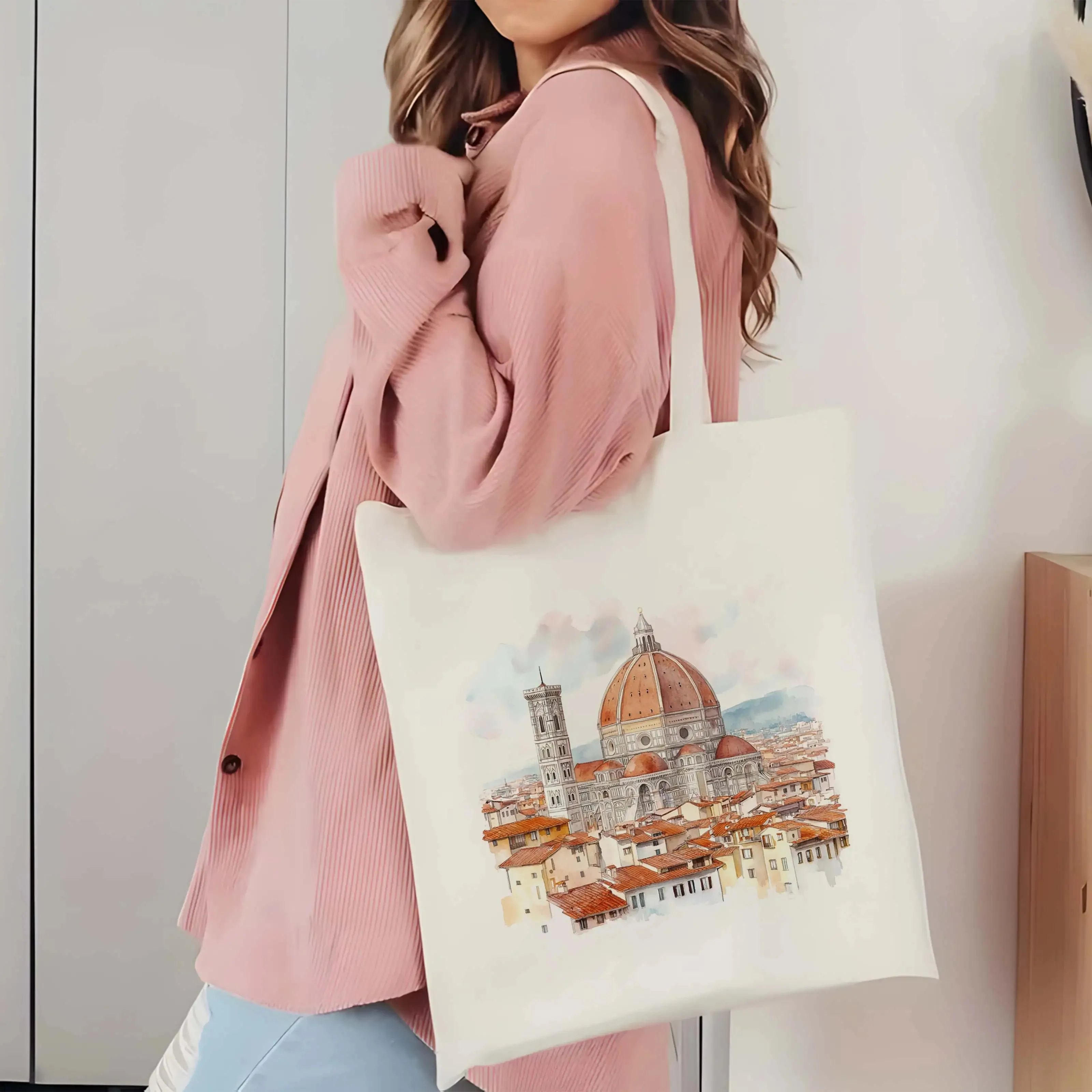 A Watercolor print of Florence, Italy print canvas tote bag, suitable for daily use, shopping, school, and travel