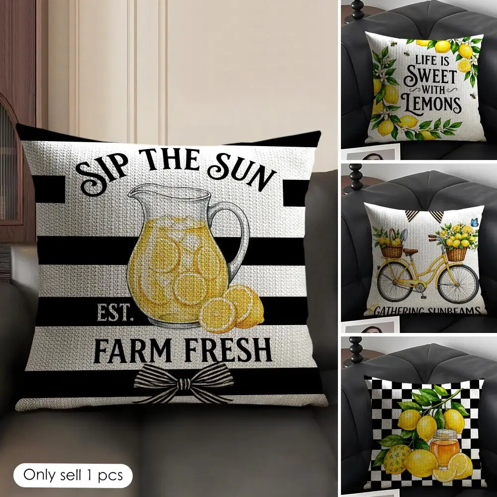 Vintage Bike Lemon Cushion Cover Natural Linen Organic Fabric Double-Sided Printing Breathable Perfect Gift For Decor