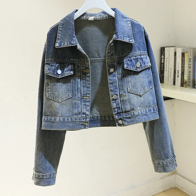 Spring Autumn Vintage Blue Big Pocket Long Sleeve Denim Jacket Women Cowboy Outerwear Korean Loose Student Jeans Jacket Female