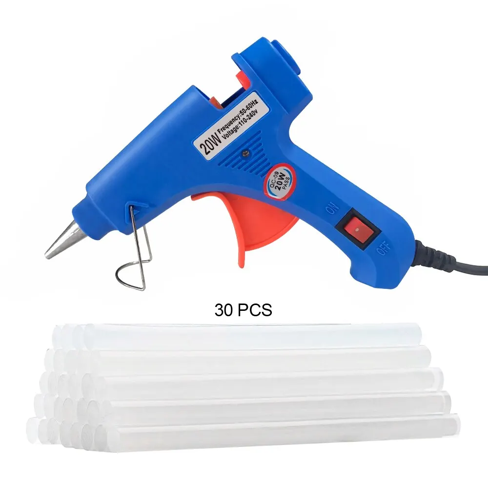 EU Plug Handheld 20W Hot Melt Glue Gun, Electric Heating Glue Gun with 30Pcs 7mm Glue Sticks for Home DIY & Repair Project