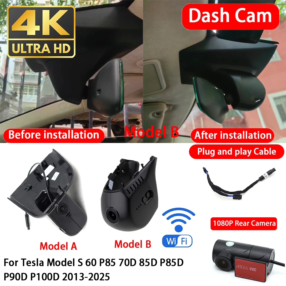 for Tesla Model S 60 P85 70D 85D P85D P90D P100D 2013-2025 4K 2160P Dash Cam Front Rear Car Camera DVR Wifi Plug & Play