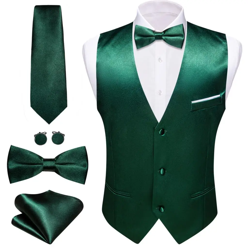 Luxury Vest for Men Silk Mercerized Green Solid Waistcoat Bowtie Tie Set Wedding Business Sleeveless Jacket Male Suit Barry Wang