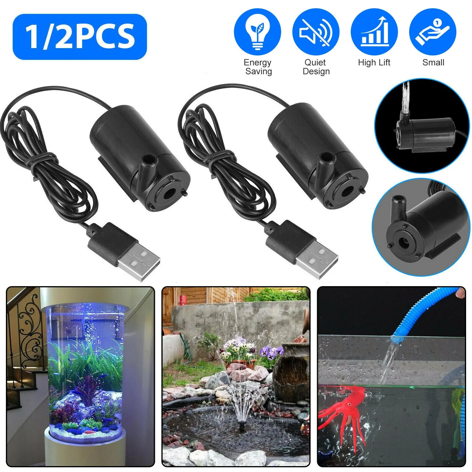 

US Small Water Pump Mini Mute Submersible USB 5V 1M Cable Garden Home Fountain Tool