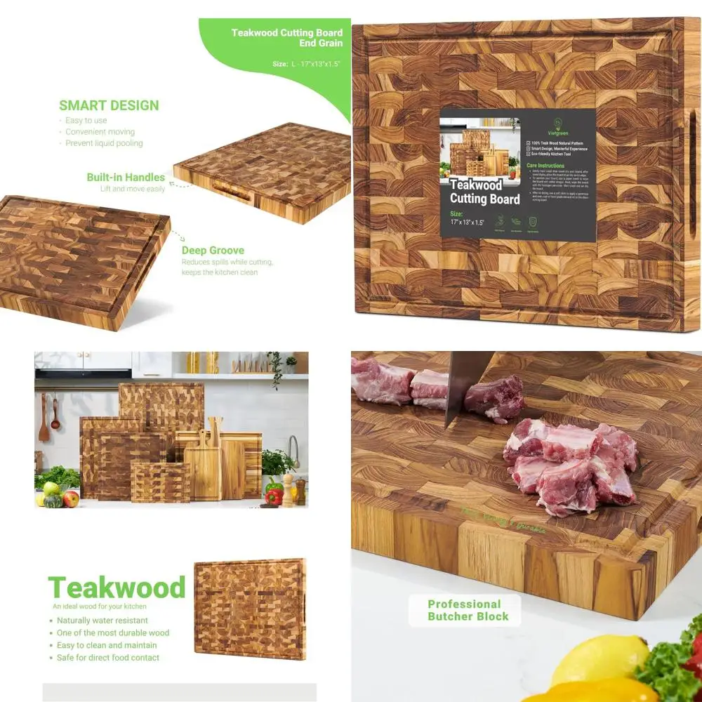 

Двусторонняя разделочная доска из тикового дерева с желобком для сока и ручкой, большая, из древесины с торцевой пропилкой (17x13x1.5)