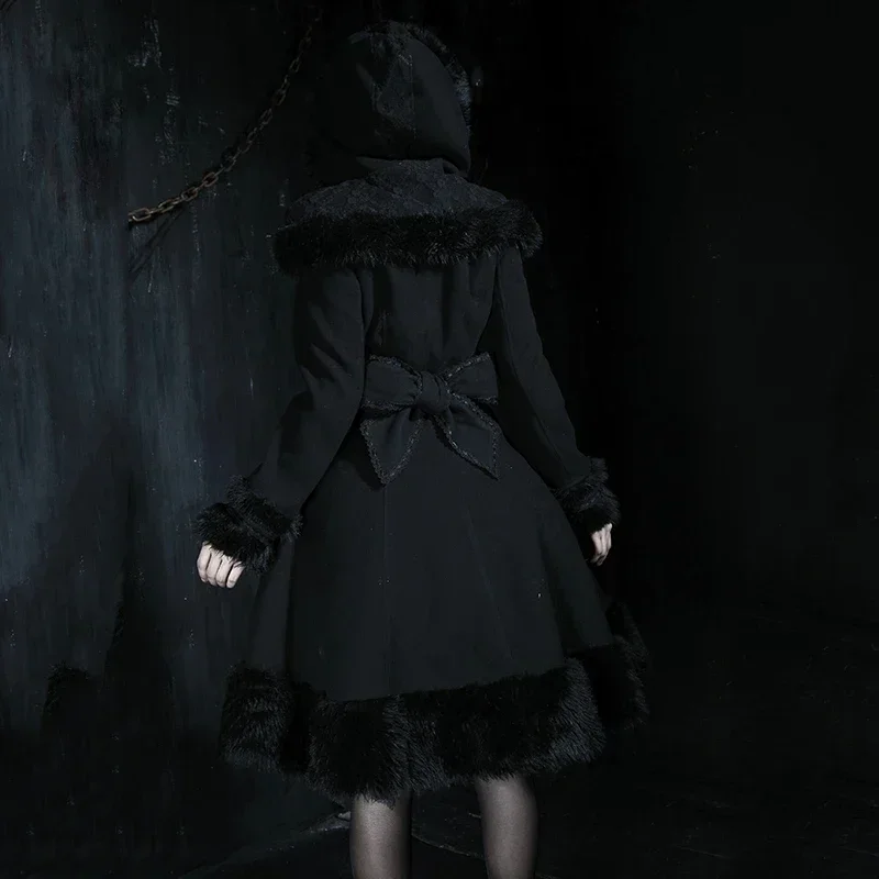 PUNK RAVE Lolita Sweet Women Woolen Red Black Coat Hat Hooded Patchwork  Dress Imitation Rabbit Fur Christmas Overcoat