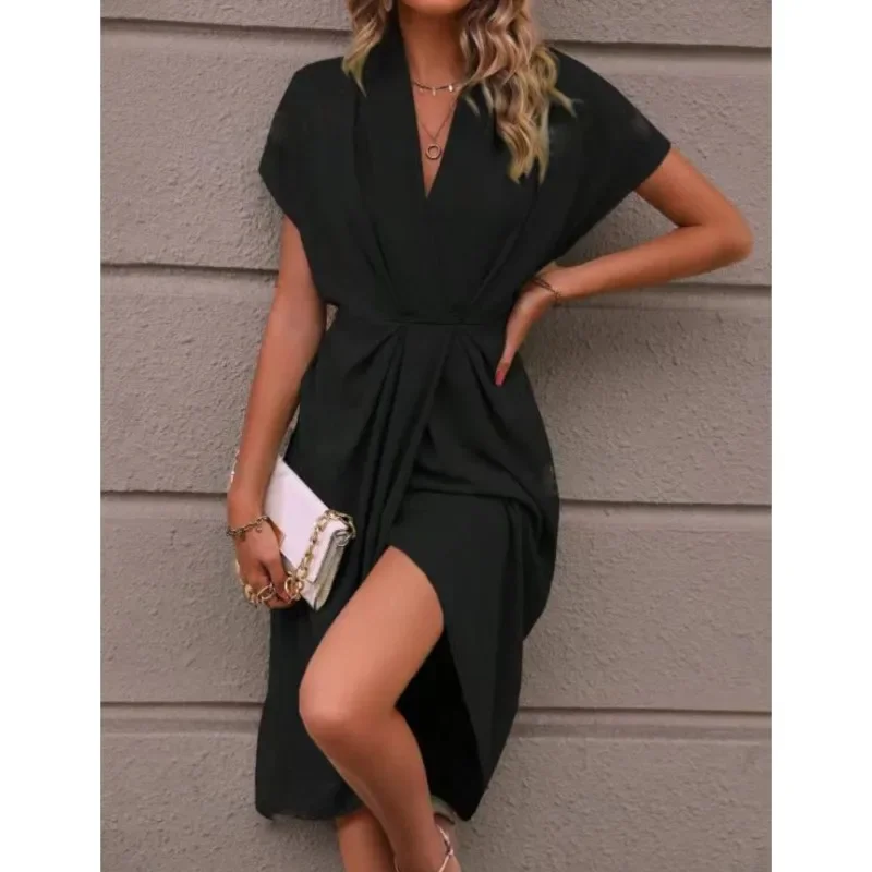 Women Elegant Short Sleeve Midi Dress New Spring Summer Sexy Deep V Neck Draped High Waist Office Party Boho Long Dresses