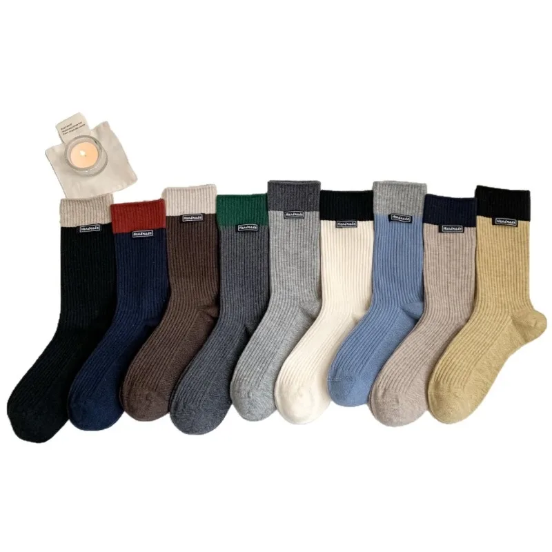 9 Pairs 2025 Fall Winter Color-Blocked Women's Mid-Calf Socks Casual Simple Cotton Socks Ladies Black Warm Socks High Quality