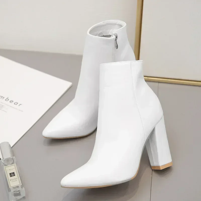 2024 New Autumn Women\'s Short Leather Boots High Heels Winter Woman White Shoes Pointed Thick Heel Women Dress Short Ankle Boot