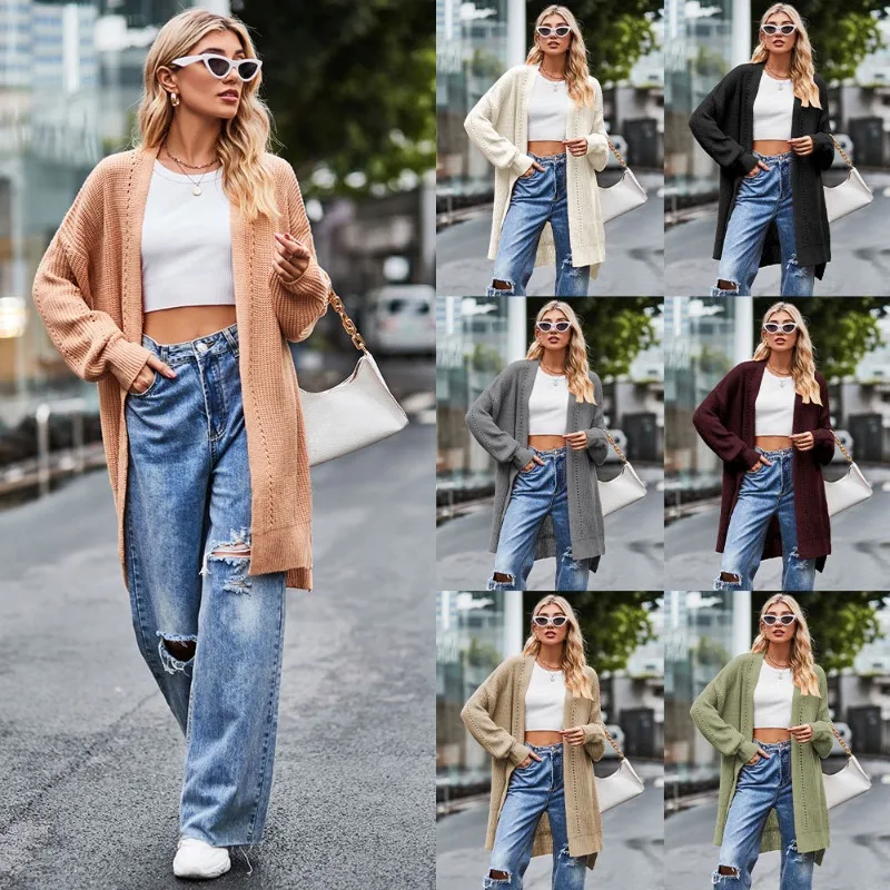 

Women's Knitted Cardigan Luxury Long Sleeved Sweater Autumn and Winter Cardigan Knitted Slit Solid Color Loose Knit Sweater
