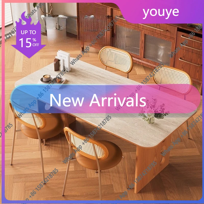 C Medieval Travertine Rock Slab Dining Table Solid Wood Simple Household Small Apartment Dining Table Log Cream Wind Table And C