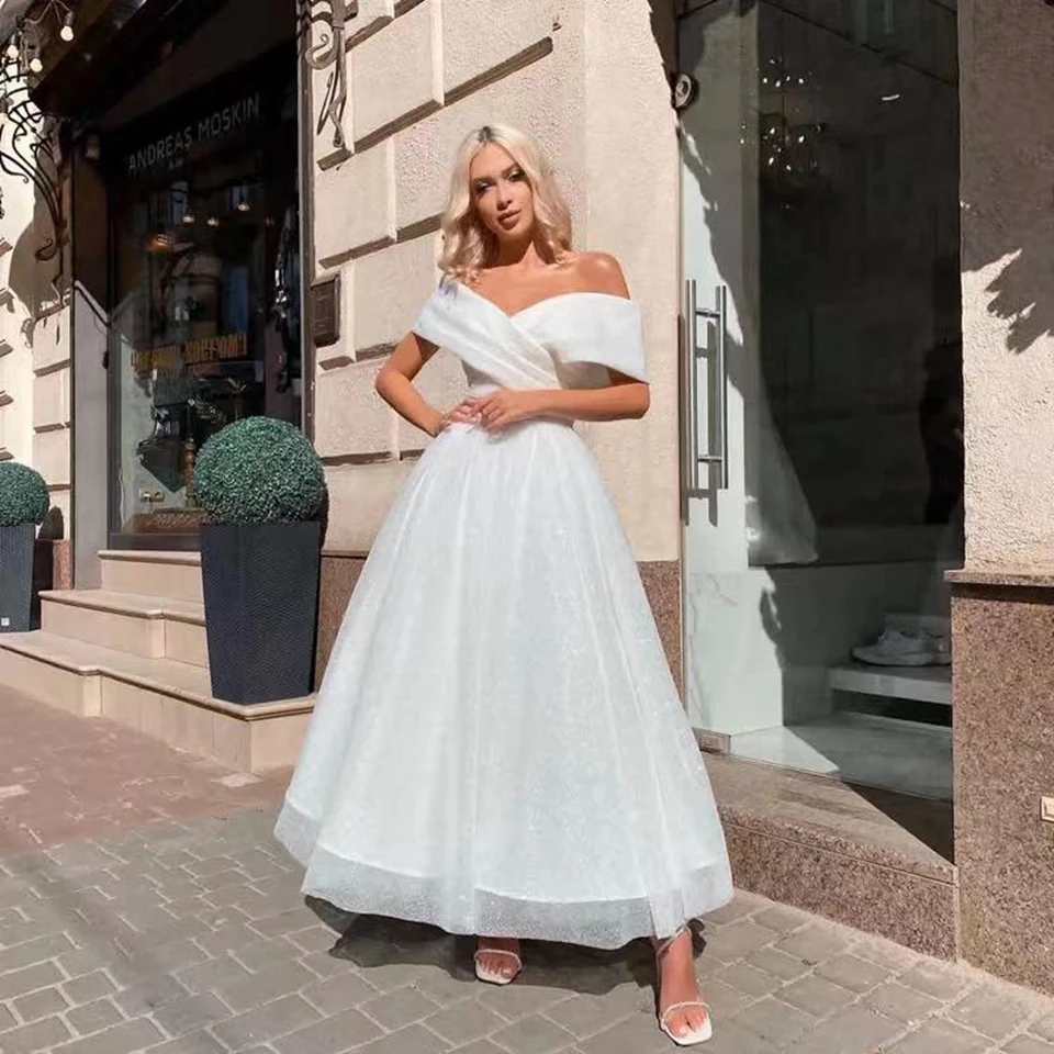 Off The Shoulder A-Line Wedding Dresses For Women 2025 Bride Sparkly Tulle Bridal Gown Simple White Gliter Vestido De Noiva