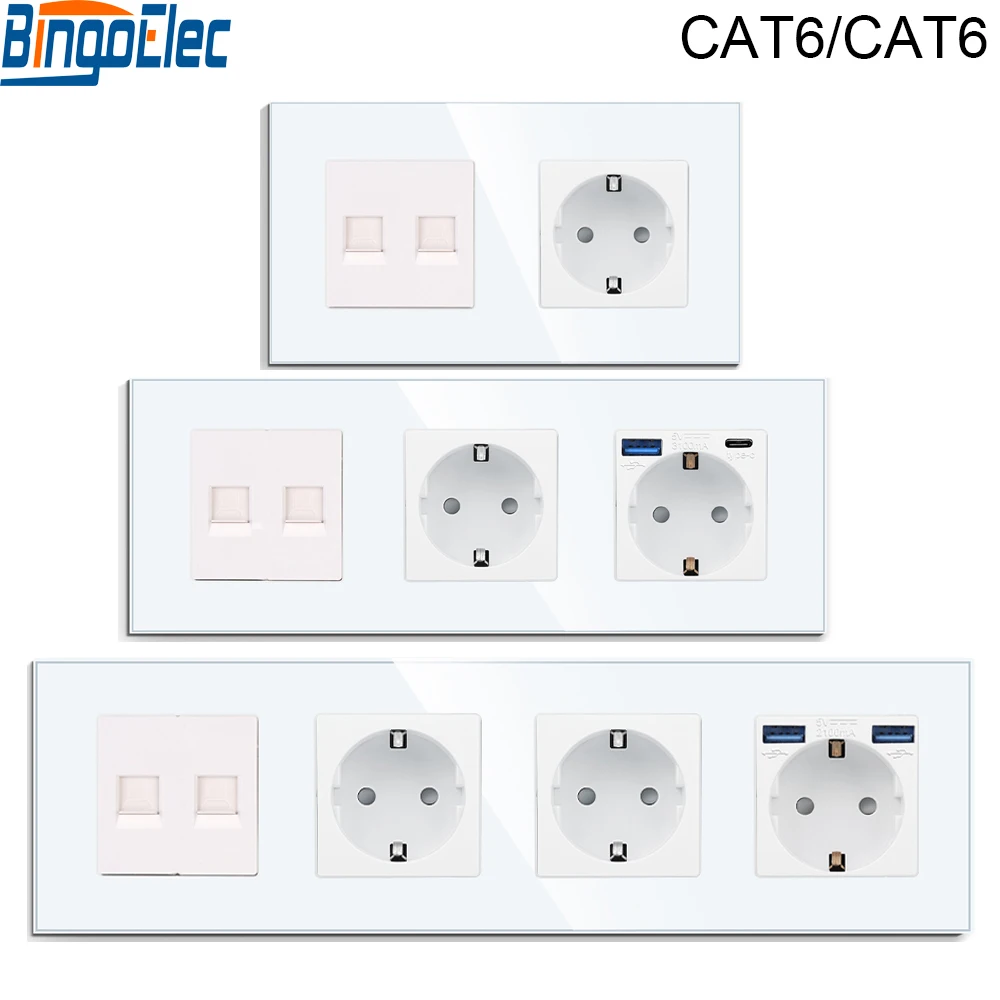 Bingoelec Dual CAT6 With EU Power Socket/type-c USB Sockets White Glass Frame Home Improvement