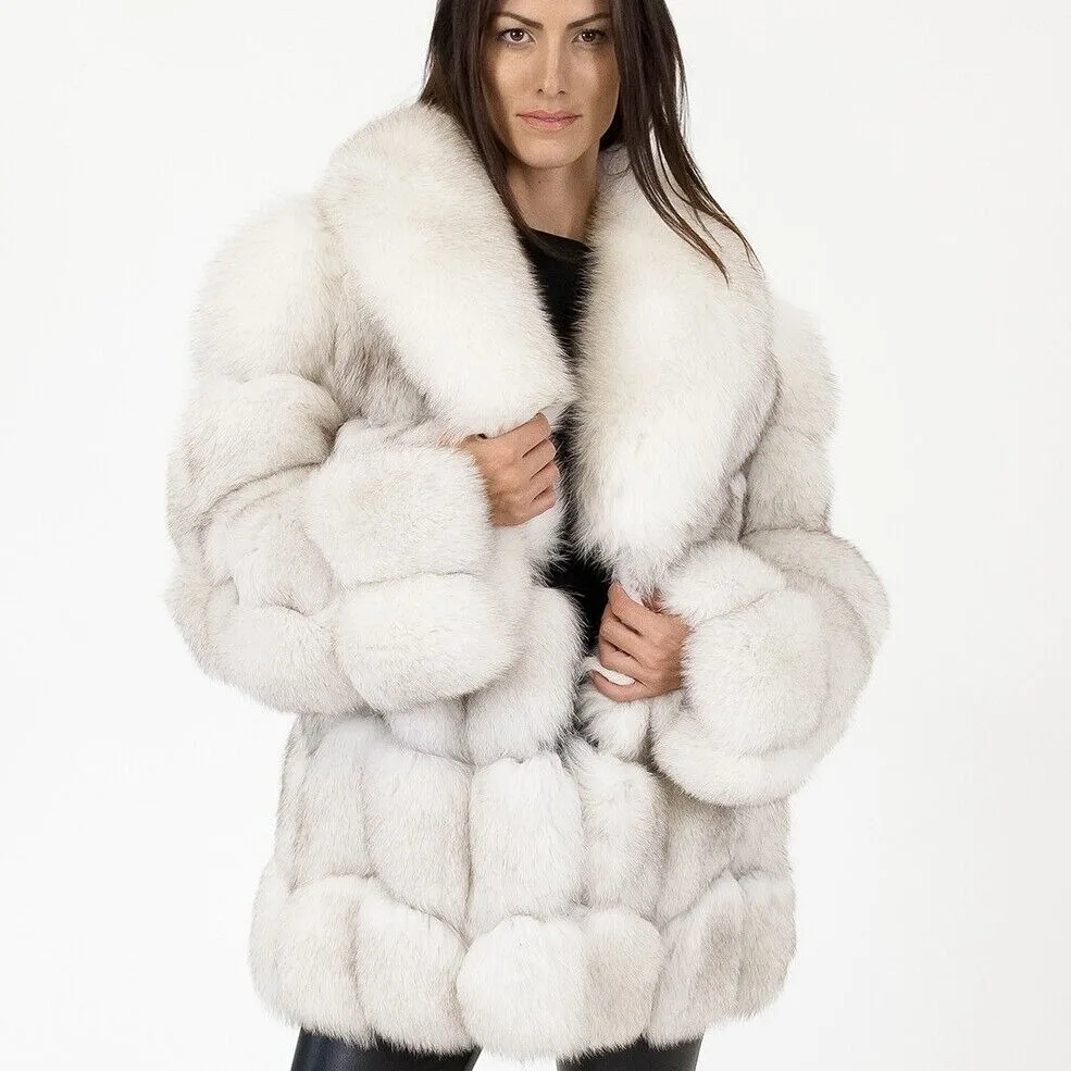 Fashion Real Fox Fur Coat Natural White Animal Furry Outerwear Women Luxury Silver Fox Fur Jacket New Winter Fluffy Collar Cape