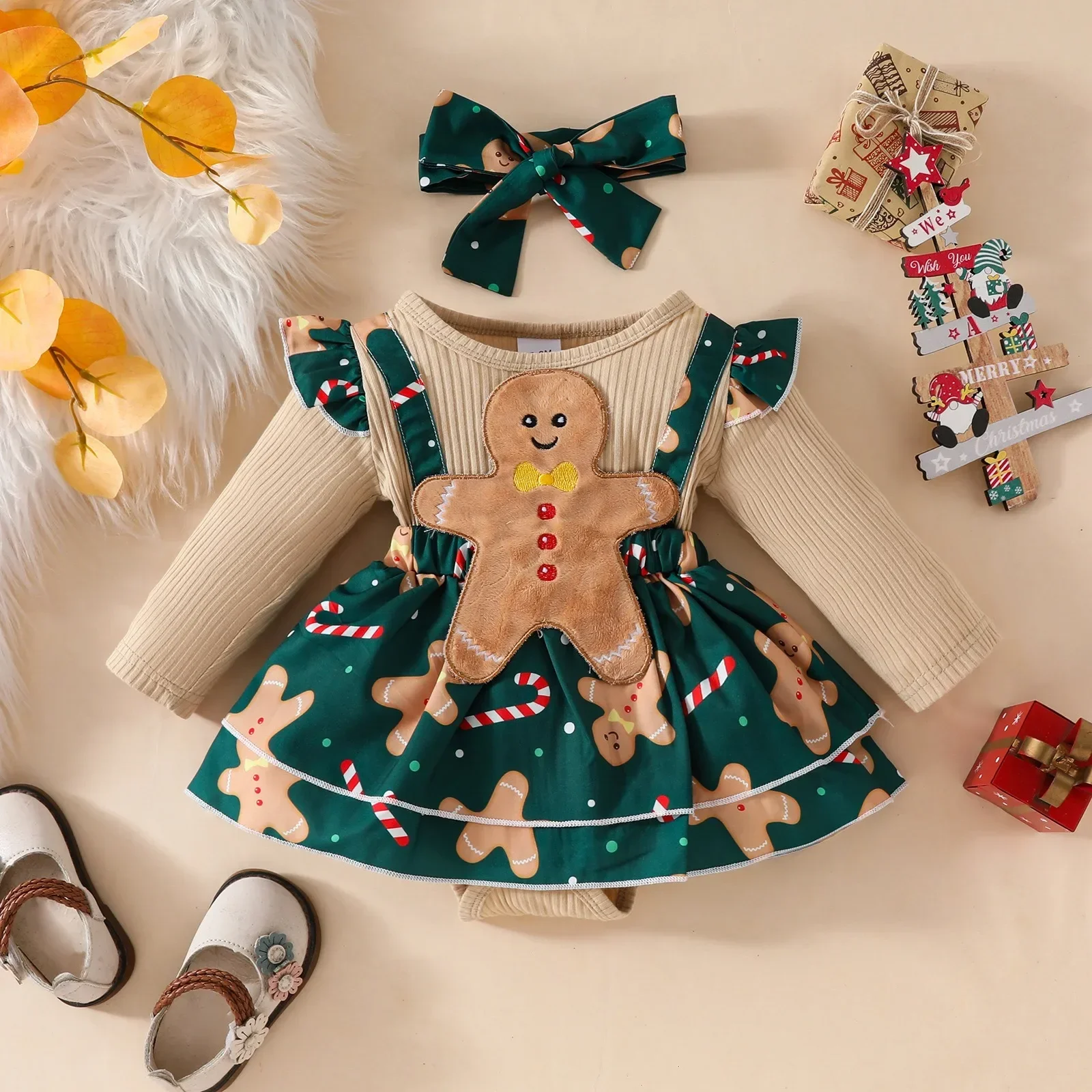 

Christmas Baby Dress Long Sleeve Jumpsuit Triangle False Suspenders Christmas Gingerbread Old Man Dress Crotch Autumn Winter