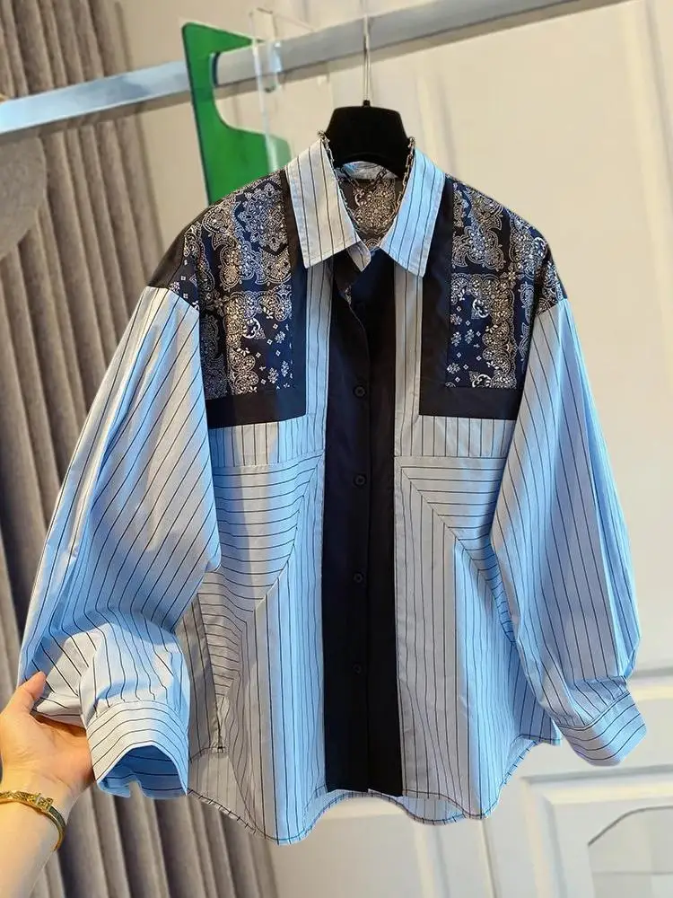 

SuperAen 2026 Spring and Summer New Women Korean Style Loose Casual Print Single Breasted Striped Long-Sleeved Shirts