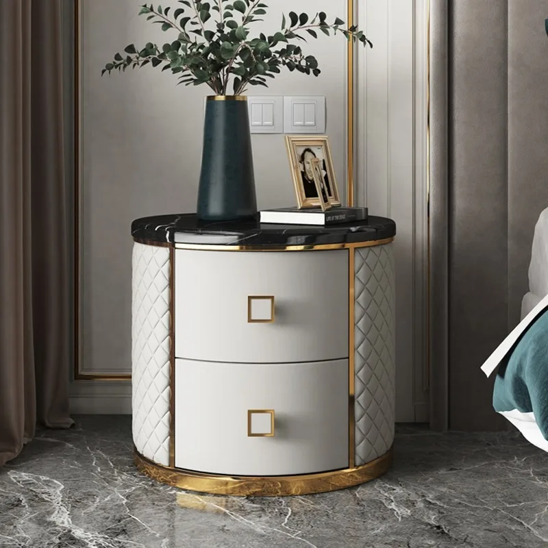 Bedside table Round solid wood bedside marble Nordic bedroom Italian minimalist high-end side storage cabinet