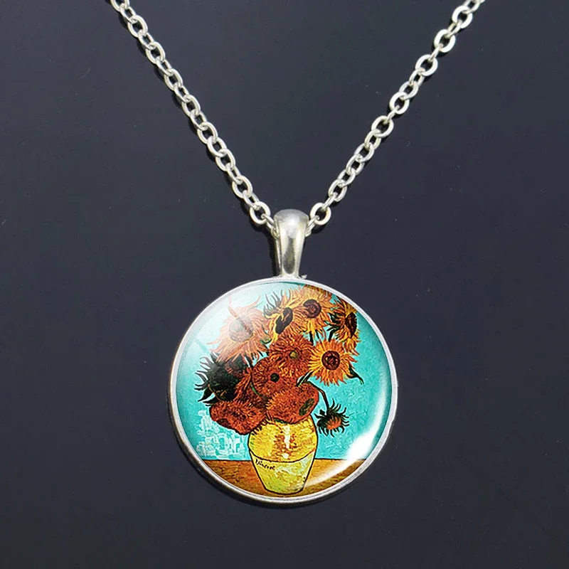 Van Gogh Necklace Van Gogh\'s Art Painting Print Glass Cabochon Pendant Chain Necklace Fashion Jewelry Necklaces for Women Men