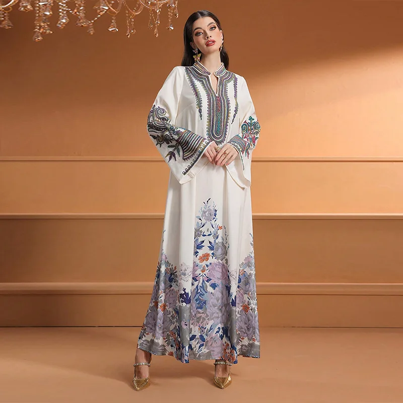 

2025 New Middle Eastern Dubai Muslim Women's Robes, European and American Fashion Printed Luxury Casual Long-sleeve Dresses