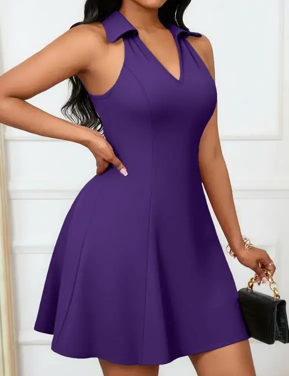 

Women Dresses 2026 New Spring Summer Solid Color V-Neck Fashion Casual Versatile Sleeveless Cinched Waist A-Line Mini Dress