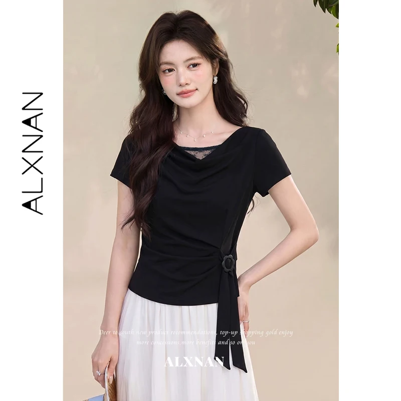 

ALXNAN Black T-shirts Women Cowl Neck Lace Spliced Layered Waist Ruched Tie Short Sleeve T-shirt Summer Ladies Tops DYL662783