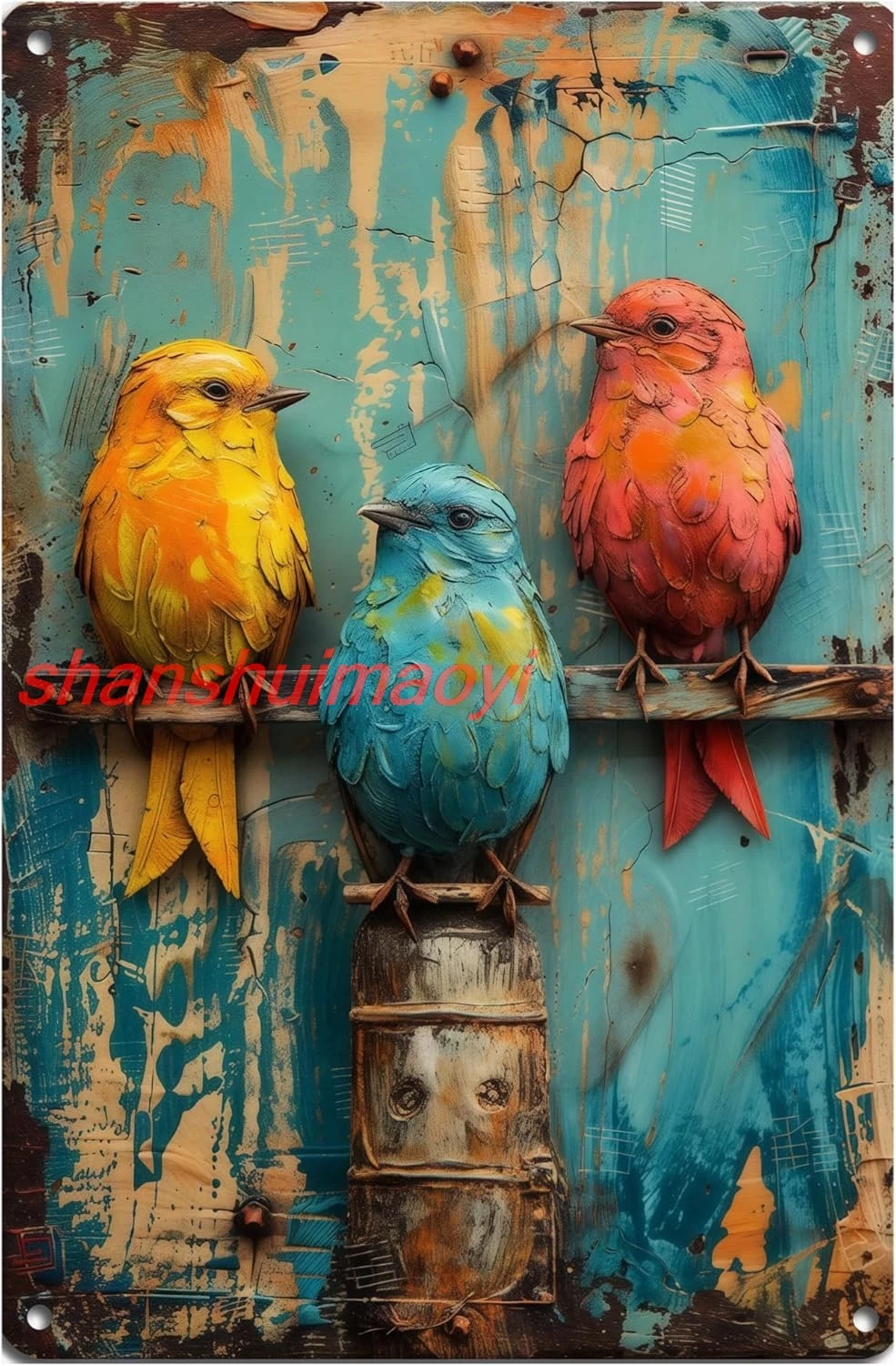 Vintage Tin Sign - Three Birds on Tree Metal Tin Signs with 3D Effect - Retro Tin Sign for Nature Lovers - Wall Art for Ho SHUI