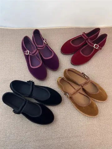 Velluto Mary Jane Scarpe da donna Punto a mano Casual Streetwear Ballerine Décolleté Donna Tinta unita Scarpe di stoffa rossa Mocassini