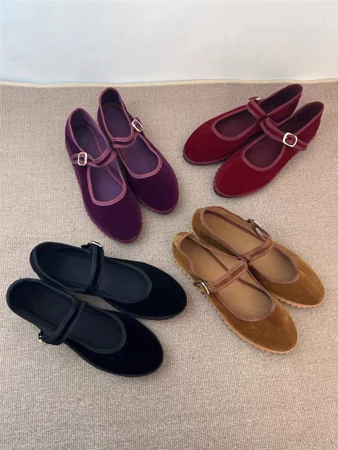 Aksamitne buty Mary Jane dla kobiet ręcznie szyte casualowe w stylu Streetwear mieszkania baletowe czółenka kobiece jednokolorowe czerwone buty z tkaniny mokasyny