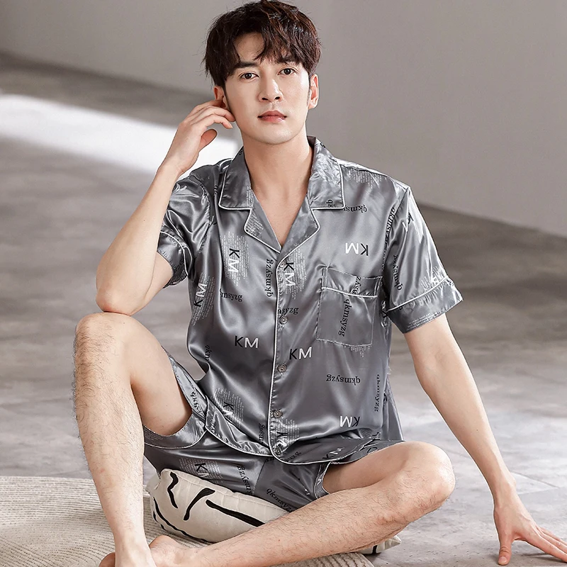 

Plus Size Short Sleeve Silk Satin Print Pajama Sets for Men 2024 Summer Korean Loose Sleepwear Suit Pyjama Homewear Home Clothes