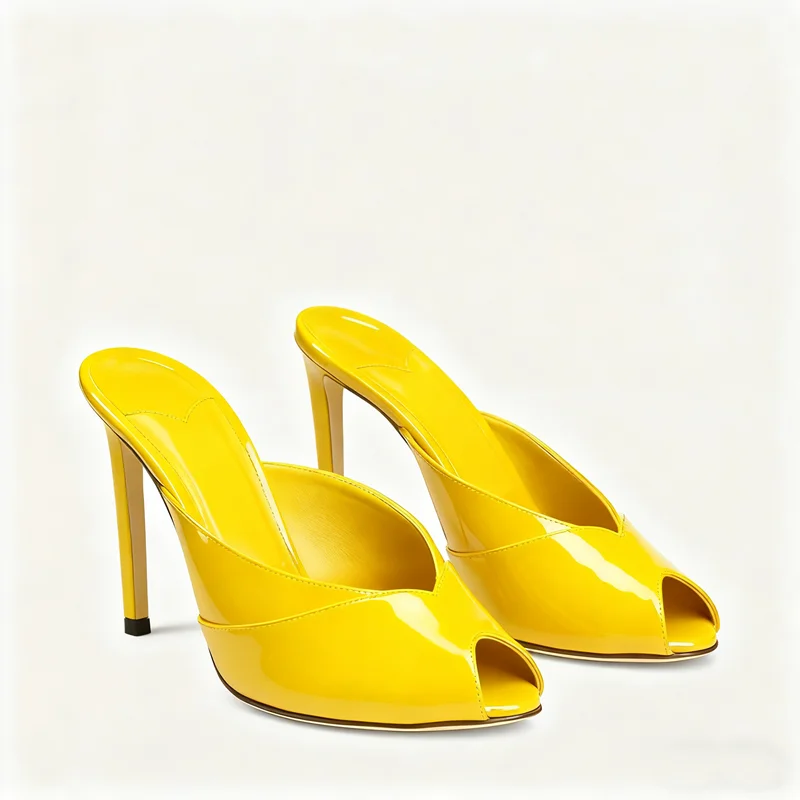 

Блестящие лакированные кожаные тапочки с открытым носком, пикантные слипоны на тонком каблуке с острым носком, новые поступления по индивидуальному заказу, модная женская обувь