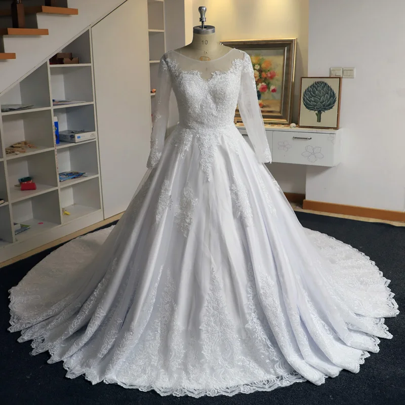 Vestido De Novia De manga larga De encaje, bola gótica, boda, corte, tren, abalorios De Apliques De encaje, 2020