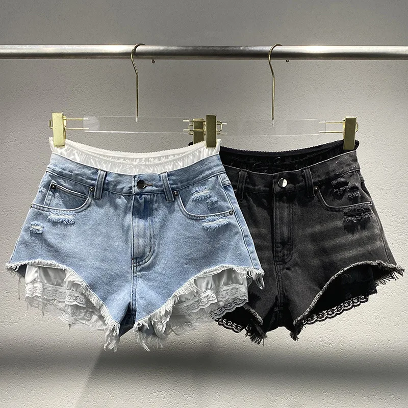 2025 nuova nicchia per fare vecchi jeans strappati con bordo grezzo falsi due pezzi di pantaloncini patchwork da donna pantaloni corti da donna