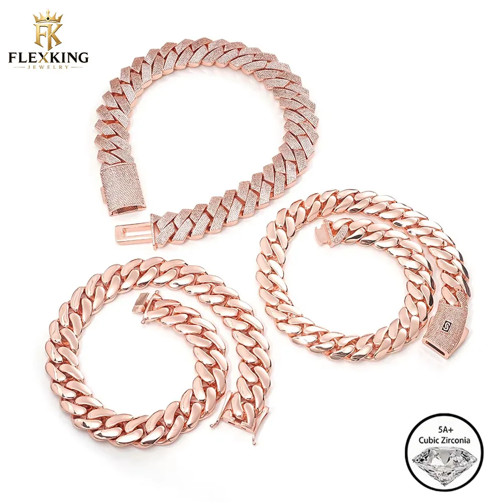 FLEXKING Luxury Rose Gold Plated Copper 20mm/22mm/26mm Cuban Link Chain Bracelet Necklace Cubic Zirconia Men Hip Hop Jewelry