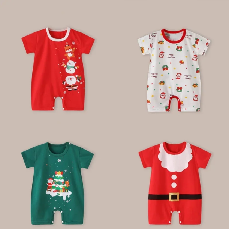 0-2 Years Baby Christmas Rompers Baby Girls Boys Short Sleeve Bodysuit Infants Toddler Jumpsuit First Christmas Costume