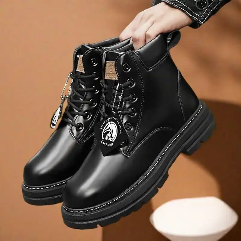 2025 Hoge Laarzen Mannen Lederen Schoenen Mode Motor Enkellaarsjes Mannen Winter Laarzen Man Schoen Basketbal Lace-Up Botas Hombre